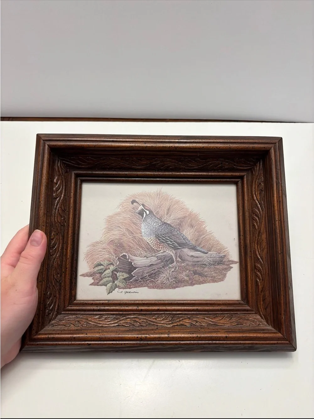 Vintage quail wall art with a rustic, carved wood frame